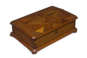 William Norrie Inlaid New Zealand timber box, mottled kauri, burr totara, rewa rewa, mottled kauri and puriri circa 1890