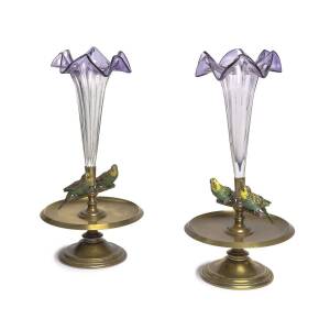 A pair of epergnes mounted with cold painted bronze budgerigars and glass flute shaped vases, Austrian, circa 1900 18cm  