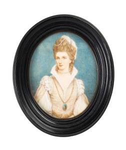 JANE MAXWELL, DUCHESS OF GORDON, miniature painted by Samuael Shelly (1750-1808), overall 14x12cm. {The Duchess of Gordon was step-mother to Georgiana McRae, artist & diarist, who arrived in Melbourne in 1841].