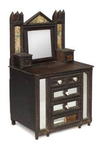 A folk art miniature dressing table, packing crate and ply wood with porcelain handles, late 19th century 