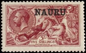 1916-23 (SG.14,21 & 22) 1d scarlet, o'pt "NAURU" 13.5mm. blk.4**, fine and fresh. Plus 2/6 brown & 5/- carmine, o'pt "NAURU", both well centred *.