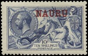 1916-23 (SG.23d) 10/- deep bright blue Seahorse o'pt "NAURU", De La Rue printing. MUH, a fine stamp.