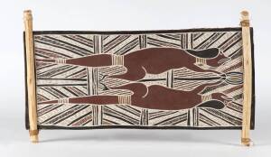 Two Aboriginal bark paintings and carved timber fish totem, 20th century