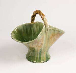 REMUED Pottery green glazed basket with twist handles