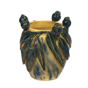 MERRIC BOYD Blue glazed earthen wear vase with applied gumnut and gumleaf decoration, incised "Merric Boyd, 1926" to base