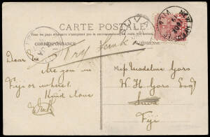 1907 (Dec.10) New Hebrides - Fiji, RP postcard (Noumea Hospital) franked with NSW 1d red, tied by "NEW HEBRIDES / VILA" cds with a Suva arrival datestamp alongside and endorsed "Try Leuka". Very scarce and fine.
