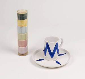 MARTIN BOYD Rare set of pottery egg cups in original packaging, together with a cup and saucer and a plate (chipped)