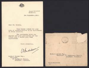 SIR ARTHUR FADDEN (1895-1973, 13th Prime Minister of Australia), signature on letter dated 3rd September 1941 on "Prime Minister" letterhead.