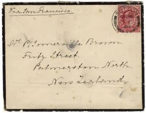 WRECK MAIL: 1908(June 17) cover from GB to New Zealand "Via San Francisco", the reverse endorsed &nbsp;"In the wreck of the Aeon from Frisco" with an October arrival machine cancel of Palmerston North. The "Aeon" was wrecked on Christmas Island on 18th July, t