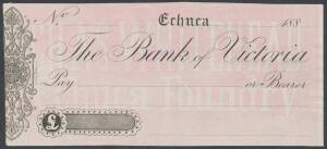 BANKING: The Bank of Victoria; circa 1850s-90s, attractive group of unused printed cheque forms issued at Ballaarat, Coleraine, Echuca, Geelong, Melbourne, Portland & Raglan. (14 different).