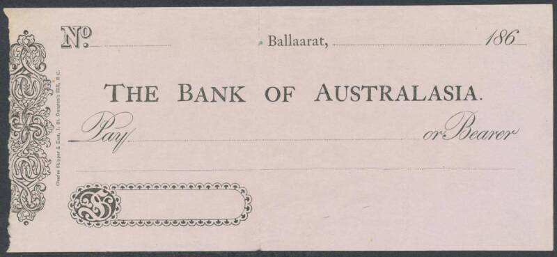 BANKING: The Bank of Australasia; circa 1850s-1910s, attractive group of unused printed cheque forms issued at Adelaide, Ballaarat, Brisbane, Hobart Town, Kooringa, Launceston, Melbourne, Newcastle, Portland & Terang. (14 different).