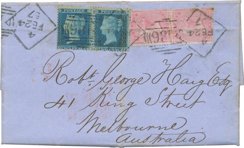 WHISKY vs BRANDY IN THE COLONY of VICTORIA: Feb.1857 entire letter from Dublin (SG.66 x2 & SG.45 x2) to Robert George Haig at King Street, Melbourne. Sent by John Jameson, at the Bow Street Distillery and received in Melbourne in May of that year.