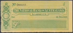 BANKING: The National Bank of Australasia; circa 1870s-80s, attractive group of unused printed cheque forms issued at Geelong, Koroit, Learmonth, Melbourne, Port Augusta, Richmond & Sandhurst. (11 different).