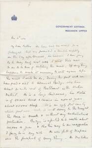 SIR ARTHUR LYULPH STANLEY, GOVERNOR OF VICTORIA 1914-1920 A correspondence of more than 70 complete original letters sent by Sir Arthur Lyulph Stanley to his father Edward Lyulph Stanley, the Lord Sheffield, between the years 1914 and 1919.