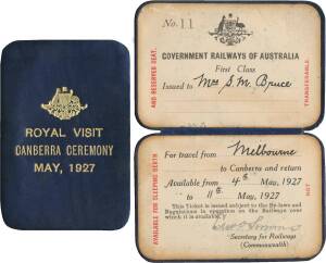 1927 Royal Visit for the Opening of Parliament House, black leather wallet imprinted '[Coat of Arms]/ Establishment / of / The Seat of Government / At / CANBERRA / By / His Royal Highness / THE DUKE OF YORK / MAY 1927' in gold, with blue leather fold-out 