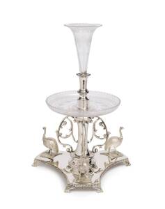 An epergne centre piece, silver plate and cut crystal, English, late 19th century47cm 