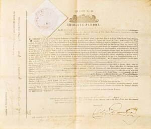 New South Wales Absolute pardon, 1847 signed by Governor Fitzroy to Alfred Toogood who was transported for the Luddite crime of machine breaking 