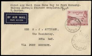 3 Oct.1938 (AAMC.P139) Buna Bay - Port Moresby cover, flown by Ken Garden for Guinea Airways in a Stinson Reliant. On a routine flight from Salamaua to Port Moresby, bad weather forced an unscheduled landing at Buna Bay. O.J.Atkinson, the Resident Magistr