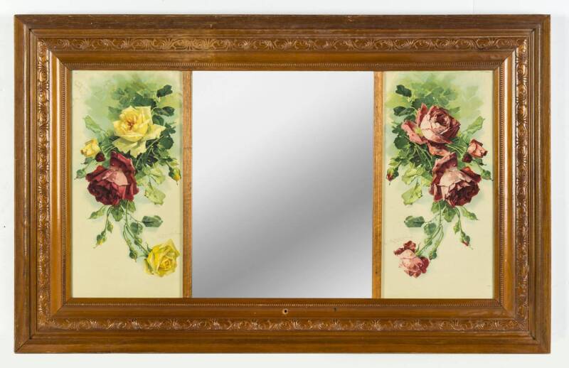 An over mantel mirror with hand painted floral panels, "Dimond Bros." label on the back,  