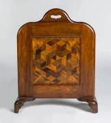 A parquetry fire screen, blackwood, maple, musk and walnut, circa 1900