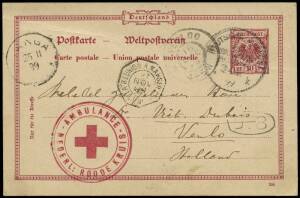 BOER WAR: 1899(Nov.24) German 10pf postal card to Holland, from a volunteer in the first Dutch Red Cross ambulance that served with the Boers. Written on the Steamer "Konig" shortly before arrival at Tanga, German East Africa. Cancelled by "DEUTSCHE SEEPO