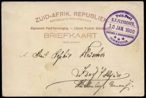 BOER WAR: 1900(Jan.10) stampless picture postcard (Hospital at Johannesburg & President Kruger) addressed to Germany, with superb circular "Veld - Post / G.F. FLEISCHER / 10 JAN. 1900 / DUITSCH & JOHANNESBURG / COMMANDOS" cachet in violet. The card is sen