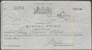 MINER'S RIGHTS - TASMANIA: 1892-95 group of 3 Rights issued to George Thomas Roberts at Lefroy, under the provisions of The Gold Fields Regulation Act.