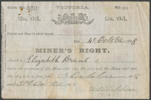 WOMEN ON THE GOLDFIELDS: MINER'S RIGHTS - DAYLESFORD dated October 1898 and issued to Elizabeth Brunt; another dated July 1915 at MARYBOROUGH issued to Emily Cheney together with another one in her name, dated July 1923. (3 items)