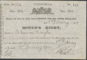 MINER'S RIGHTS: 1899-1914 range of Victorian Miner's Rights issued at Ballarat; all at the 2/6 rate. (6 items).