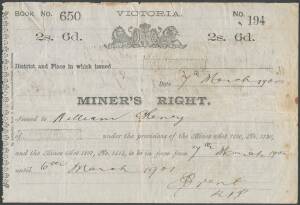 MINER'S RIGHTS: 1905-1916 range of Victorian Miner's Rights issued at Ballarat (4) & Maryborough (1). All at the 2/6 rate. (5 items).