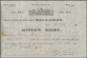 WOMEN ON THE GOLDFIELDS: MINER'S RIGHTS - BALLARAT, dated March 1905 and issued to Jane Dunlop; with later transfer to Arthur Dixon. And another of November 1906 issued to Ellen Monahan. (2 items)