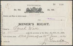 WOMEN ON THE GOLDFIELDS: MINER'S RIGHTS - BALLARAT, dated January 1915 and issued to Emily Dixon; and another dated June 1919 issued to Sarah Watts. Also, two Rights dated July 1916 and July 1921 issued to Emily Cheney at MARYBOROUGH. (4 items).