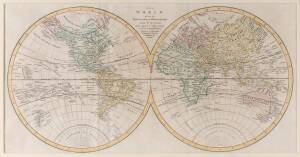 "The World from the Discoveries & Observations made in the Latest Voyages & Travels" by Aaron Arrowsmith [London, 1807], window mounted, overall 62x40cm.