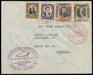 ZEPPELINS range with 1915 English letters to Aust. with references to Zeppelin attacks, 22 Apr.1929 (Si.24.B) Mittelmeerfahrt flight dropped at Seville with machine cancel b/s, 1930 photo of the crew from Dirigible R-100 plus a piece of fabric from the ai