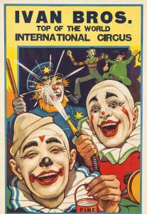 c1936 Australian circus posters, "Ivan Bros., Top of the World, International Circus", full size poster showing clowns (framed, 78x11cm); plus daybill-size poster showing trapeze performers (framed, 51x123cm).