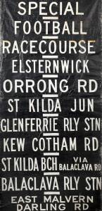 MELBOURNE TRAM DESTINATION BLIND - MALVERN LINE - circa 1950s,Destinations include FOOTBALL, RACECOURSE, ELSTERNWICK, ST KILDA BEACH, ST KILDA RD, MALVERN TOWN HALL, CHAPEL STREET, UNIVERSITY, CAMBERWELL JUNCTION, etc. Over 8 meters long.