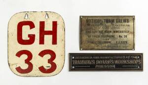 MELBOURNE & METROPOLITAN TRAMWAYS BOARD: Signs, "Designed and Manufactured at the TRAMWAY BOARD'S WORKSHOPS Preston", from W2 Class tram; “NOTICE TO TRAM CREWS. If you are involved in any incident ..."; Run Number Glen Huntly Depot: “GH 33”.