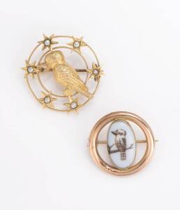 Two Australian gold kookaburra brooches