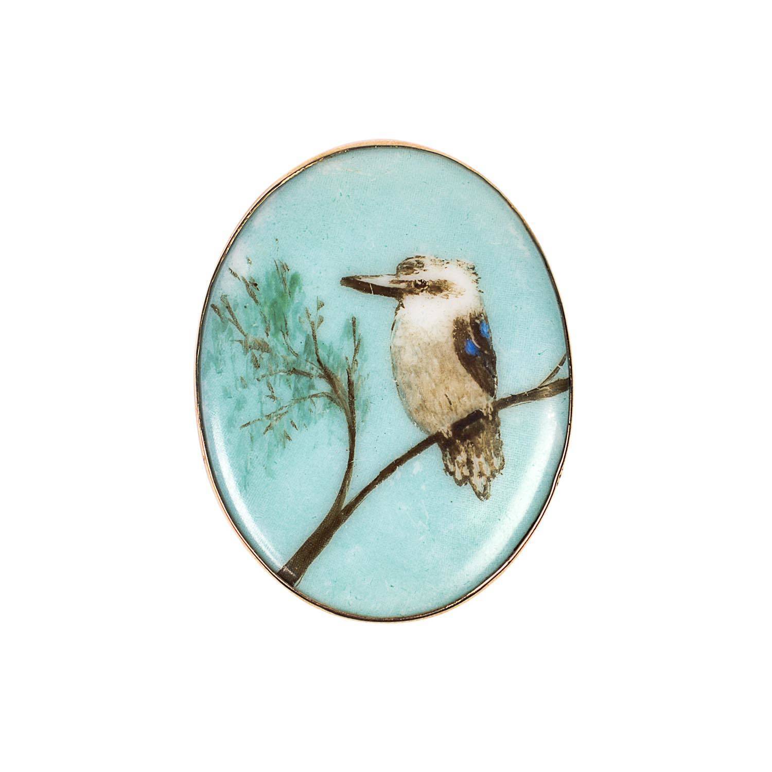 An Australian hand painted kookaburra porcelain panel brooch circa 1900 9 carat pink gold 4.5 x