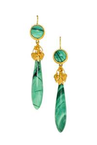 A pair of Australian gold mounted malachite pendant earrings by Henry Steiner, Adelaide, circa 1870