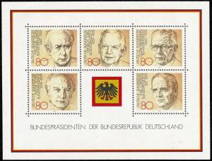 1980-90 West German collection on quality Schaubek hingeless pages. Almost complete MUH with singles, sets, and souvenir sheets with a few CTO. Fine with 525+ stamps and 7 booklets.