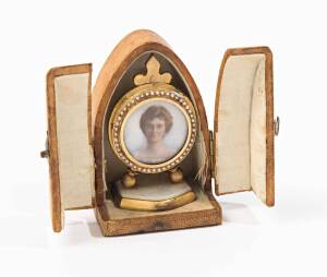 An Australian portrait miniature by Edward Fischer, Geelong, circa 1900 in an associated gilt and mother of pearl stand