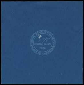 POSTMARK ESSAY: "PALACE OF ENGINEERING" blueprint of the design proposal for a special datestamp to be used during the Exhibition. This deign was rejected in favour of a design featuring a more stylized lion and different configuration for the date inform
