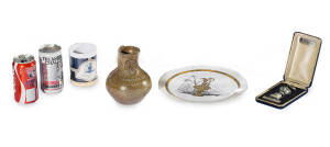 AMERICA'S CUP SOUVENIRS, noted beardman jug; commemorative beer cans, coffee mugs, cups, beer coasters, pin trays, pens, mini America's Cup; press clippings.