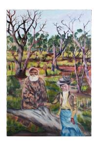 PRIMUS UGLE (BORN 1941) Daisy Bates and Joobaitch, 1905, the Bibulmun survivaloil on canvassigned lower left: Primus Ungle91 x 60 cm