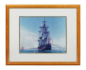 A framed colour photograph of&nbsp;Endeavour entering Sydney Harbour27 x 34 cm