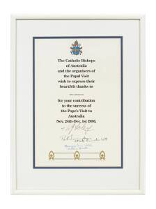 A Certificate of thanks from the Catholic Bishops of Australia and the Organisers of the Papal visit to the Bond Corporation