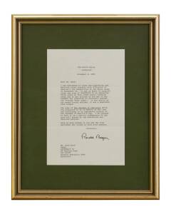 A signed and framed letter from Ronald Reagan to Alan Bond congratulating him on the America's Cup win