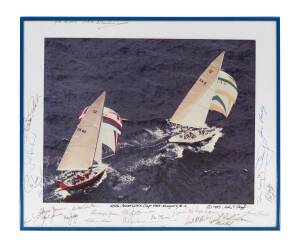AMERICA'S CUP, 25th America's Cup - 1983 - Newport, R I. A framed aerial photograph of Australia II leading Liberty by John T Hopf