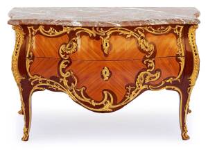 A very impressive pair of Louis XV style ormolu mounted marble topped marquetry bombe commodes, late 19th&nbsp;centurywith shaped marble top above two drawers with large ormolu loop handles88 cm high, 139 cm wide, 66 cm deep